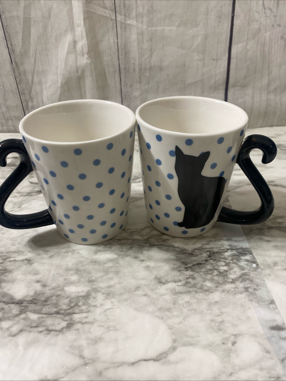 Blue Polka Dot Cat Mug set with Black Handle
